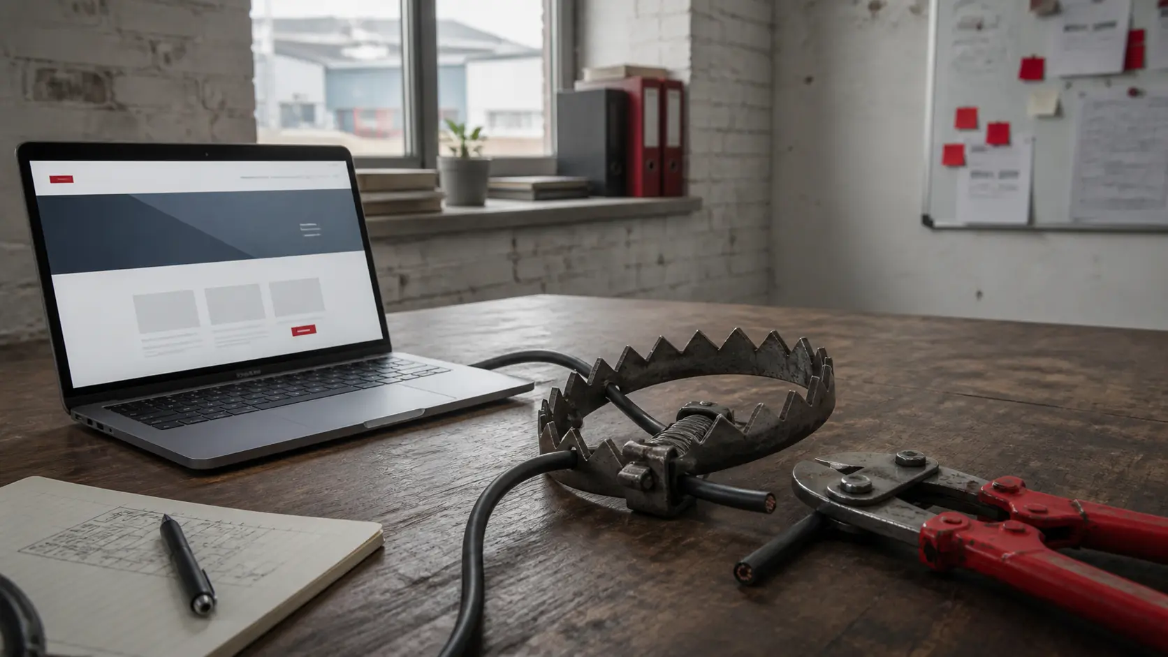 A working business website on a laptop beside a steel trap and bolt cutters